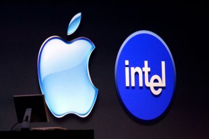 Apple logo next to Intel logo