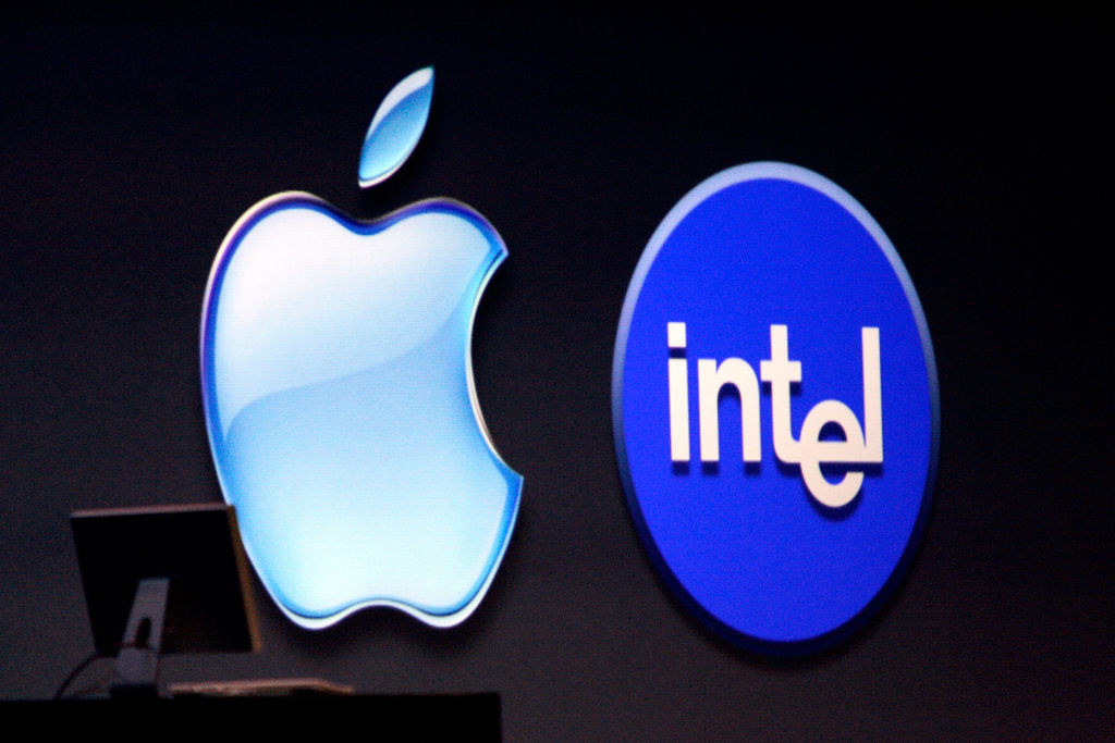 Apple logo next to Intel logo