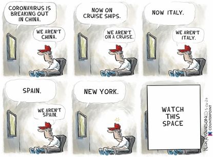 Editorial Cartoon U.S. denial coronavirus spread China Italy New York here