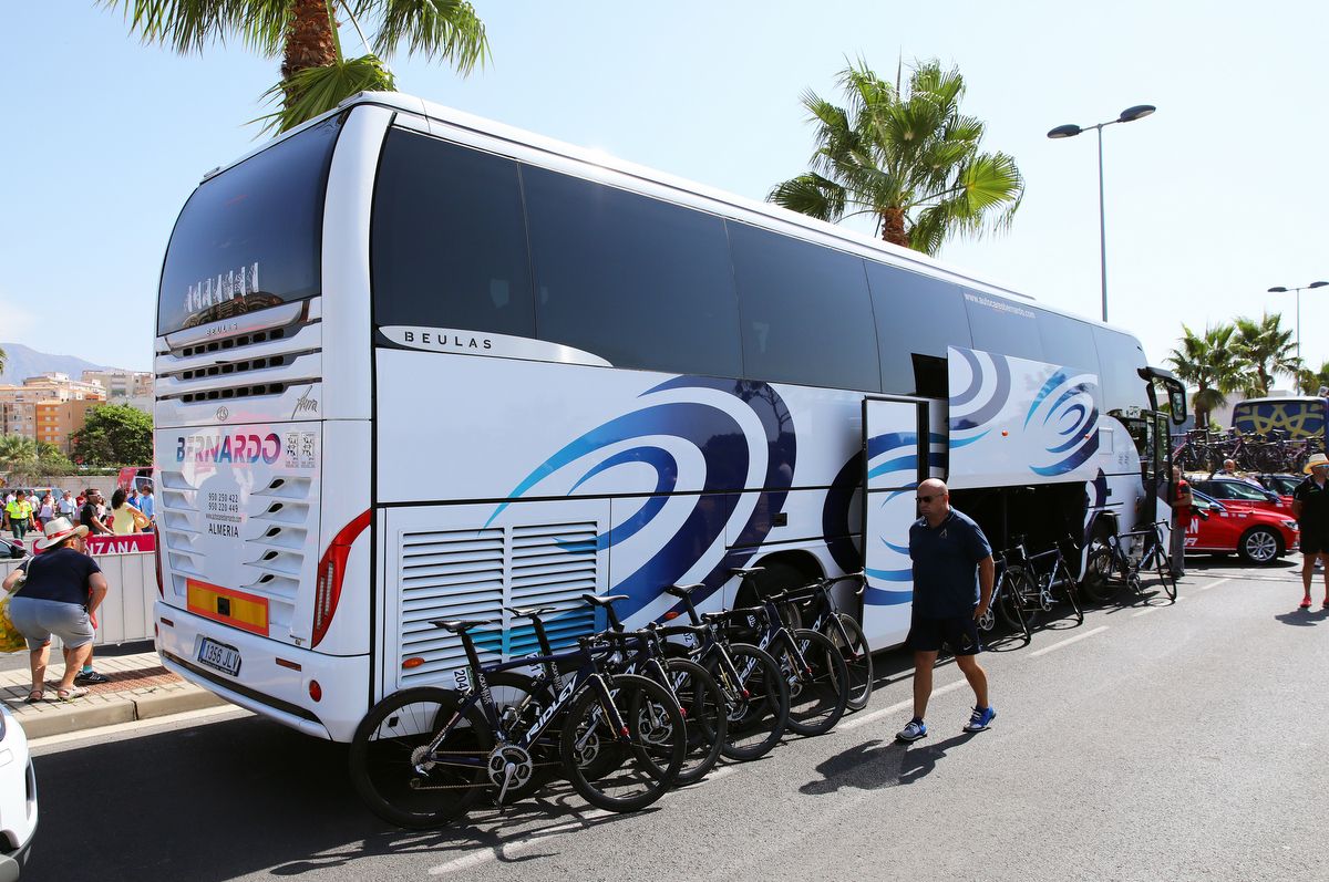 The replacement Aqua Blue Sport bus on the morning of stage 12