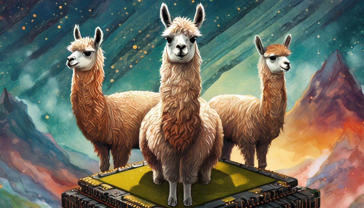 3 Llamas standing on a podium that looks like a chip. The background is a water painting with mountains and a sea green sky.