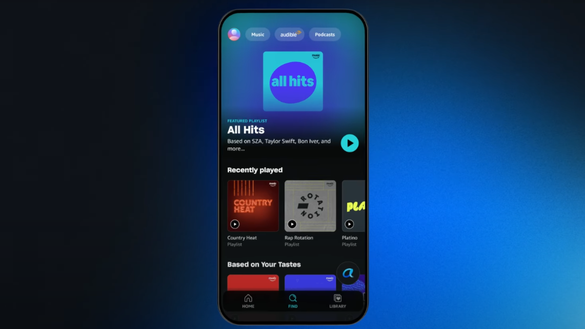 The Amazon Music iOS app showing the homepage with a Recently Played subheading