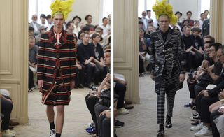 Two images of male models wearing patterned clothing by Comme des Garçons in black, white and red.