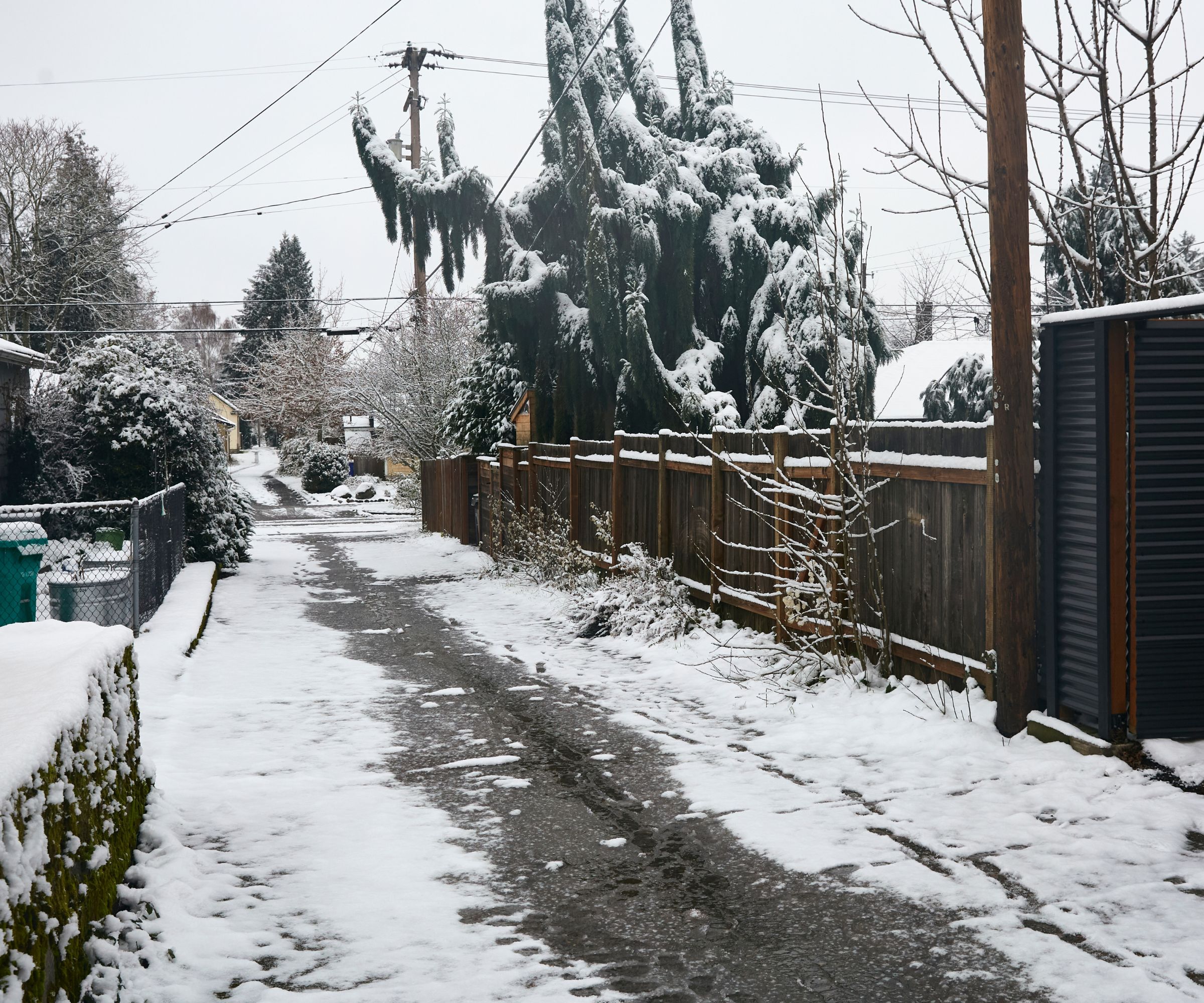A snow covered alley in December in Portland, Oregon
