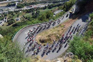 The peloton climbs the Lacets de Montvernier on stage eighteen of the 2015 Tour de France