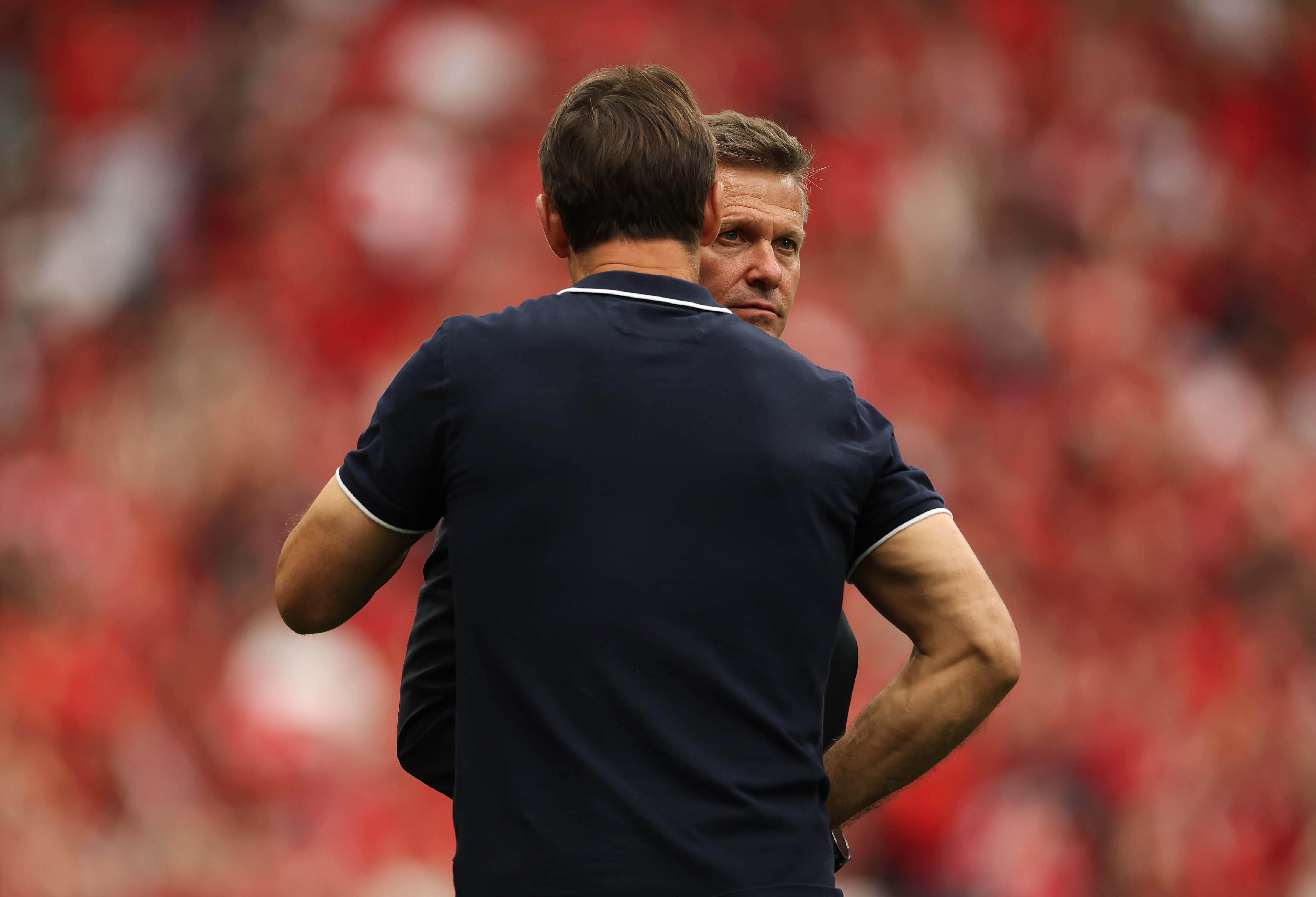 VANCOUVER, BRITISH COLUMBIA - JUNE 18: Jesse Marsch, Head Coach of Canada, and Julen Lopetegui, Head Coach of Qatar, talk after the FIFA World Cup 2026 Group B match between Canada and Qatar at BC Place Vancouver on June 18, 2026 in Vancouver, British Columbia. (Photo by Jared C. Tilton - FIFA/FIFA via Getty Images)