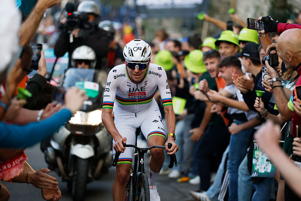 BERGAMO, ITALY - OCTOBER 11: Tadej Pogacar of Slovenia and Team UAE Team Emirates competes in the breakaway while fans cheers during the 119th Il Lombardia 2025 a 241km one day race from Como to Bergamo on October 11, 2025 in Bergamo, Italy. (Photo by Luca Bettini - Pool/Getty Images)