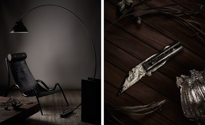 Two side-by-side photos of a curved black chair and curved floor lamp in a dark room and a knife with engraved detail on the blade on a wooden surface with various other items