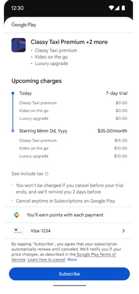 An example of how Google will let developers give users a subscription and all of its add-ons for one price, streamlining the process.
