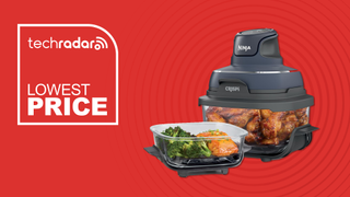Ninja Crispi air fryer on red background with TR's 'Lowest Price' badge 