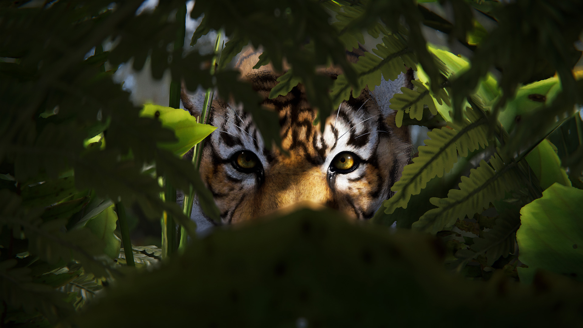 A tiger peers at the camera through some foliage in Rust.