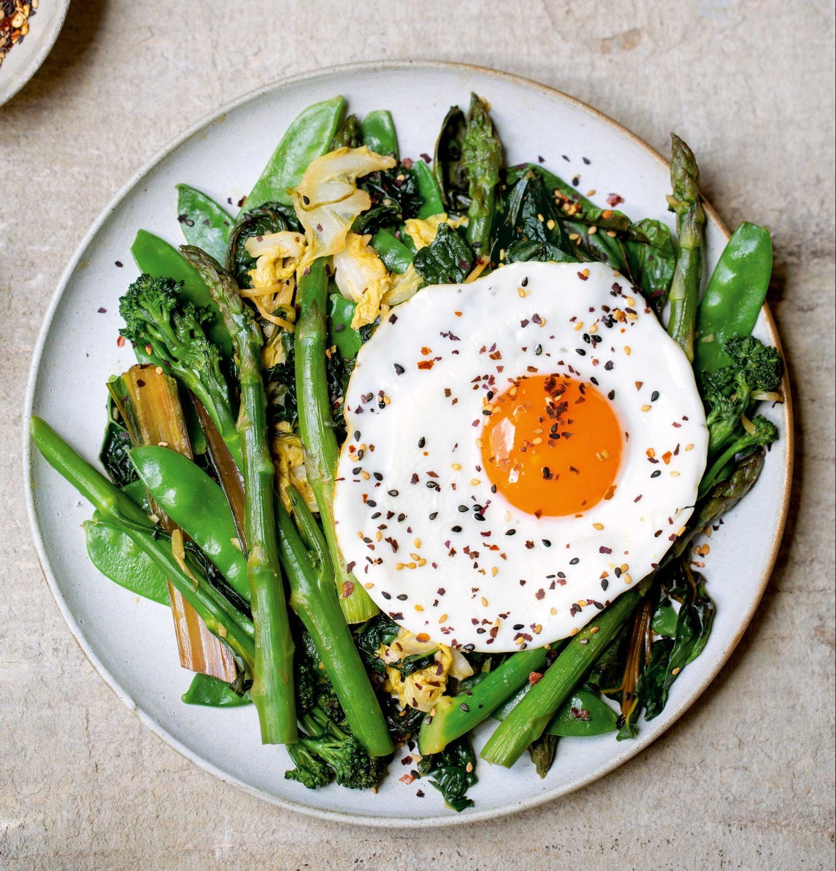 Tom Kerridge's miso stir-fried greens with fried egg recipe
