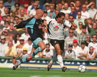 Steed Malbranque of Fulham and Seth Johnson of Derby in action during the FA Barclaycard Premiership match between Fulham and Derby County at Craven Cottage, London.