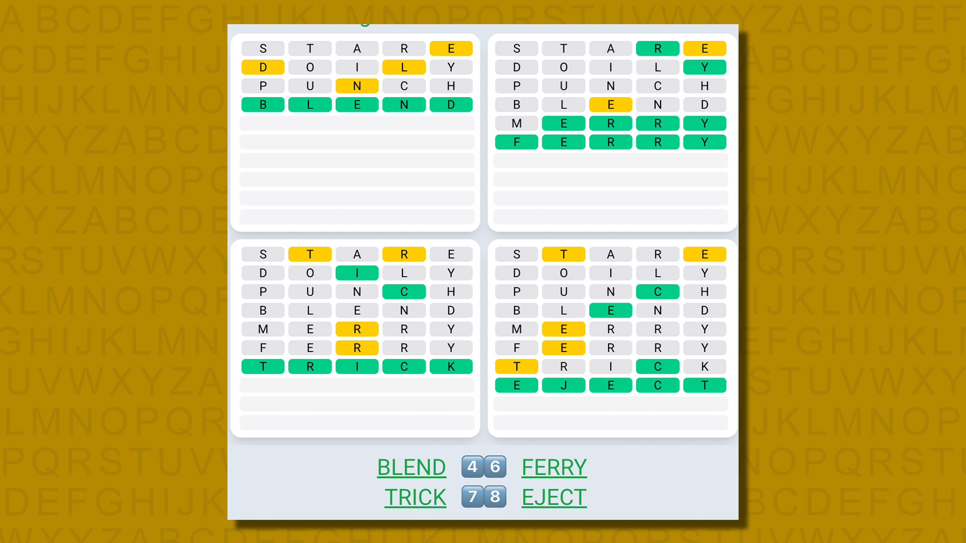 Ежедневная последовательность ответов Quordle для игры 594 на желтом фоне
