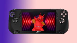 MSI Claw handheld with mascot on screen and blue and pink backdrop