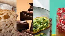 A collection of healthy food swaps, including bread, chocolate, avocado on toast, and berries in ice