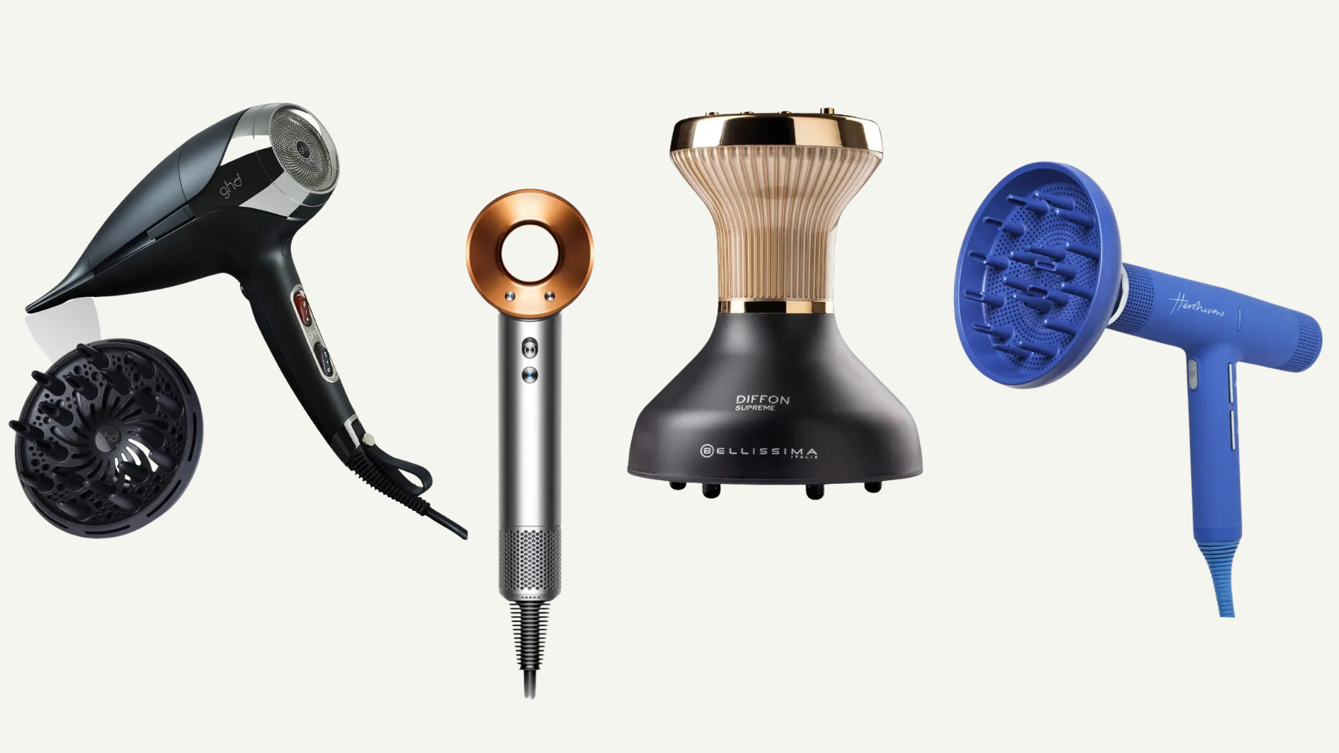 Collage of four of the best hair dryers for curly hair featured in this guide from (lefft to right) ghd, Dyson, Bellissima Italia and Hershesons, set against an off-white background 