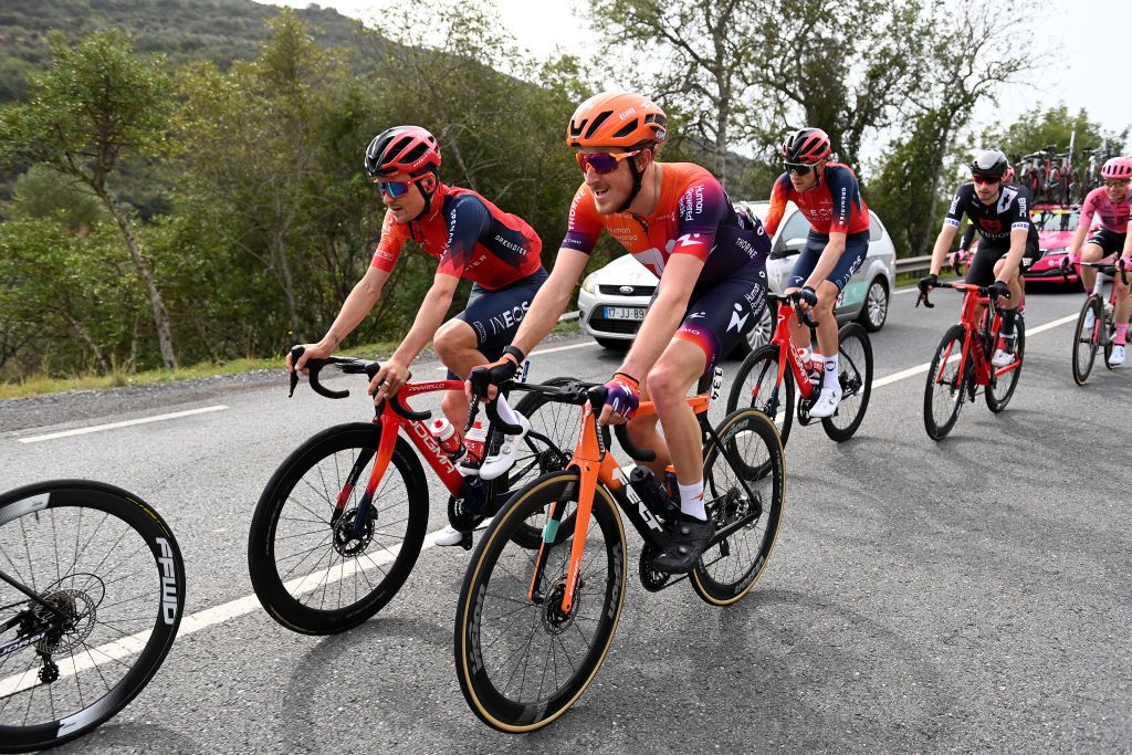TAVIRA PORTUGAL FEBRUARY 17 LR Thomas Pidcock of United Kingdom and Team INEOS Grenadiers and Gage Hecht of The United States and Team Human Powered Health compete during the 49th Volta ao Algarve em Bicicleta 2023 Stage 3 a 2031km stage from Faro to Tavira VAlgarve2023 on February 17 2023 in Taviria Portugal Photo by Tim de WaeleGetty Images