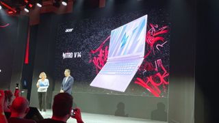 Acer CEO Jason Chen and Vice President of EMEA Marketing Valerie Piau presenting the Acer Nitro V 14 at Acer’s keynote presentation at IFA Berlin 2024