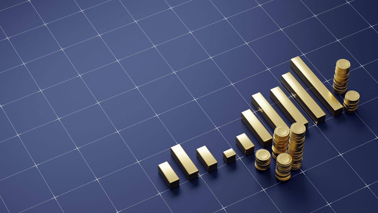 blue grid chart with gold bars and stacks of gold coins