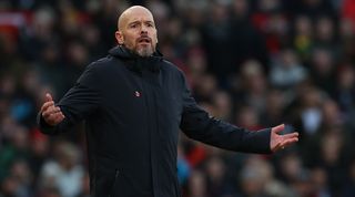 Erik ten Hag of Manchester United watches from the touchline during the Premier League match between Manchester United and Luton Town at Old Trafford on November 11, 2023 in Manchester, England. (Photo by Matthew Peters/Manchester United via Getty Images)