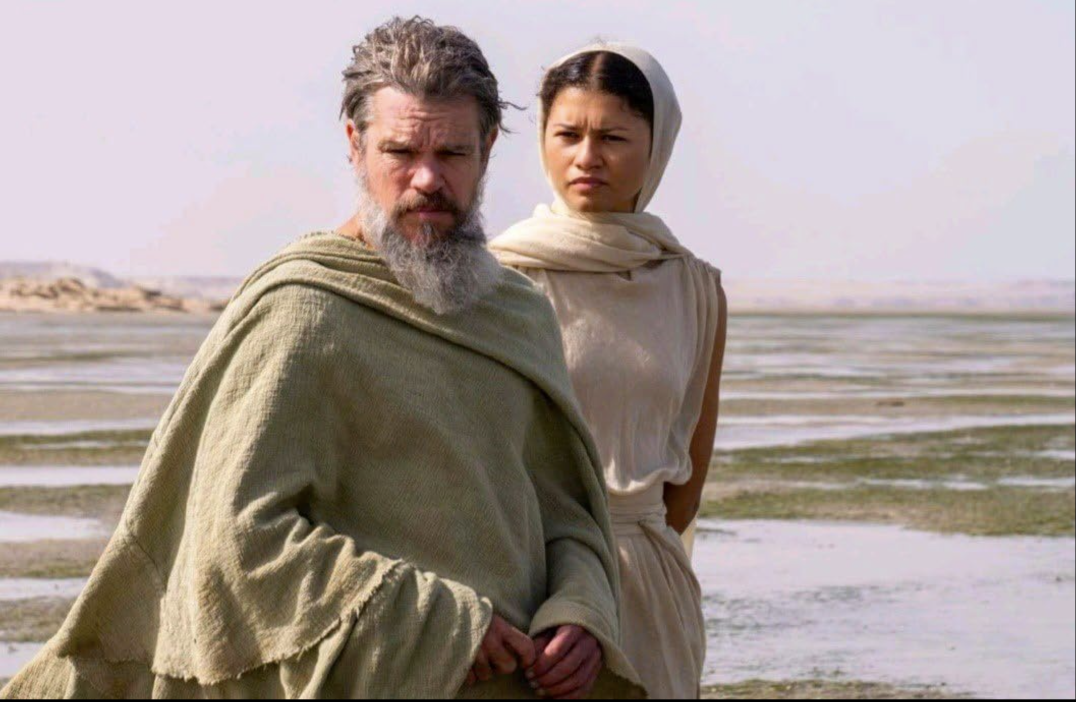 an image of Matt Damon and Zendaya as Odysseus and Athena respectively in The Odyssey