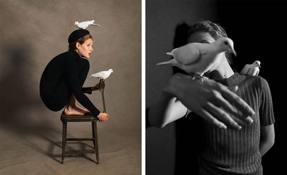 Model with bird on stool, model close up with bird