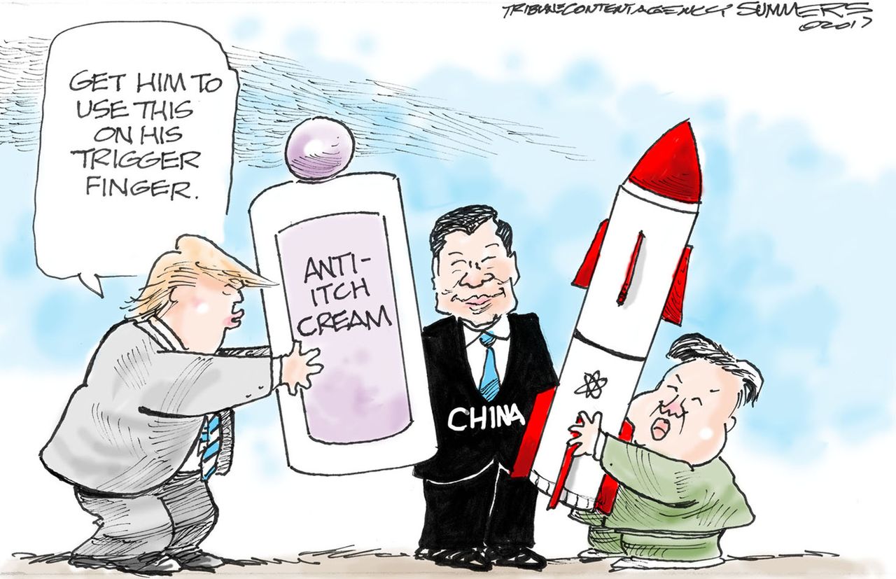 Political cartoon U.S. Trump Kim Jong-Un nuclear war China