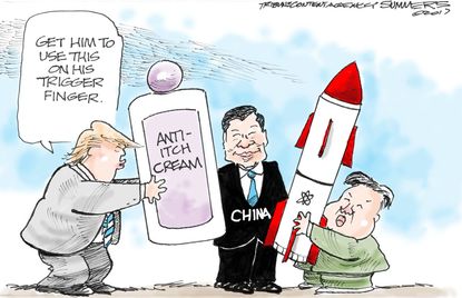 Political cartoon U.S. Trump Kim Jong-Un nuclear war China