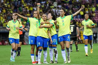 Brazil women Olympics 2024 squad Marta Vieira of Brazil (C) celebrating her goal with her teammates during the Women’s International Friendly match between Brazil and Jamaica at Arena Pernambuco on June 1, 2024 in Recife, Brazil. (Photo by Chico Peixoto/Eurasia Sport Images/Getty Images)