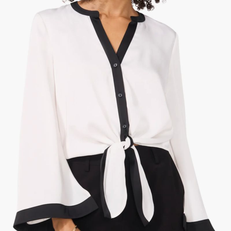 Vince Camuto, Contrast Detail Tie Front Button-Up Satin Shirt