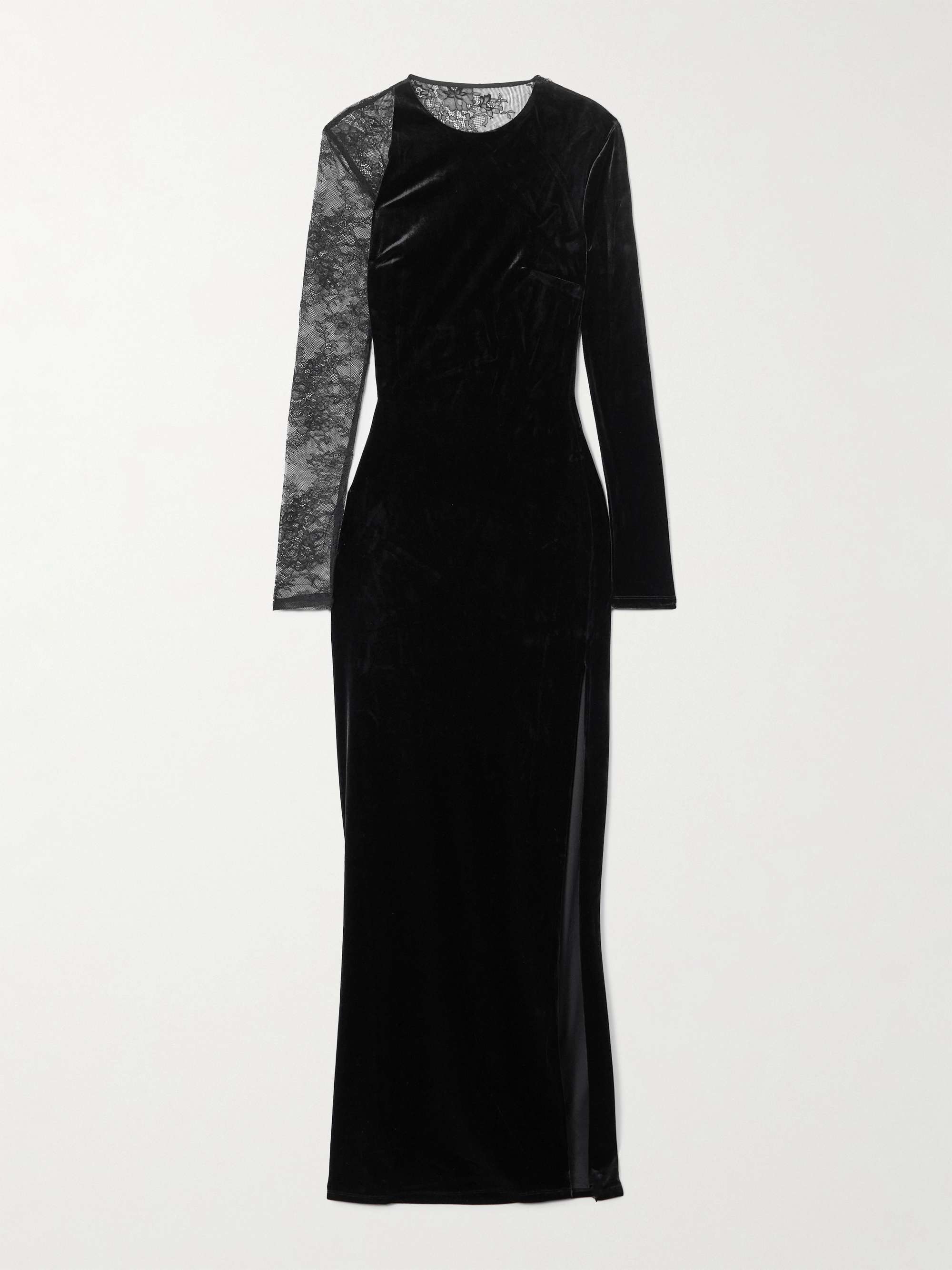 Lace-Paneled Velvet Maxi Dress