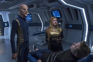From left to right: Doug Jones as Saru and Mary Wiseman as Cadet Sylvia Tilly in "Star Trek: Discovery" Episode 11, "The Wolf Inside."