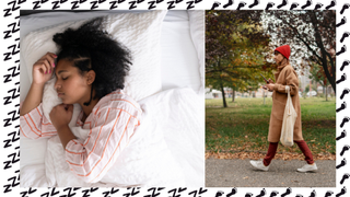 Woman wearing pink stripey pyjamas in bed with white sheets (left). A woman wearing long beige coat and red hat walking through autumnal park carrying a tote bag (right)
