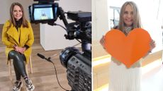 A composite image shows Venezuelan Doctor Niloha Rangel filming her story (left) and posing for refugee week with an orange paper heart (right)