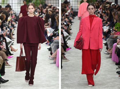 Left, model wears a maroon co-ord with exaggerated bless sleeves, Right, model wears a hot pink blazer and a red suit