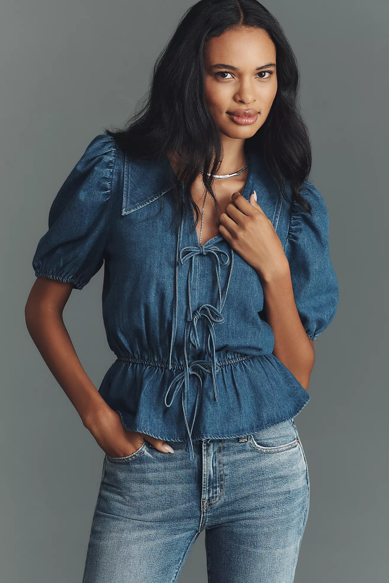 Mare Mare Puff-Sleeve Peplum Denim Top