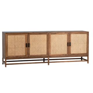 Rattan and wood four-door sideboard sideboard with dark rectangular wooden handles and clearance underneath the unit