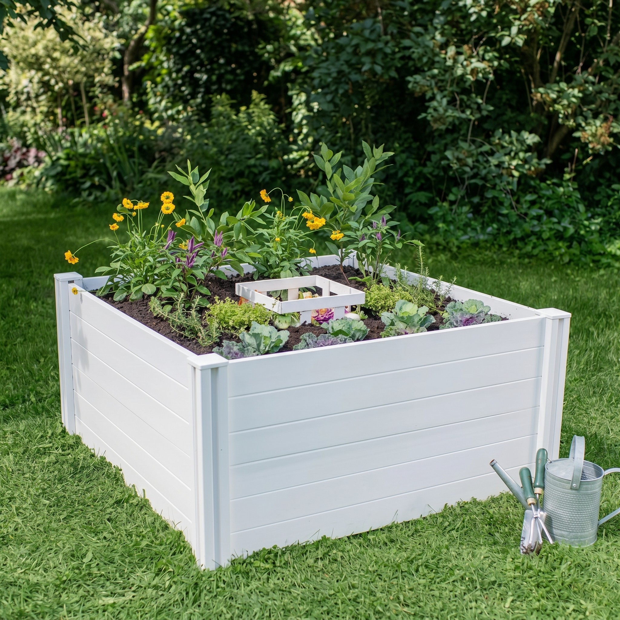 AI-altered image of a raised bed keyhole garden