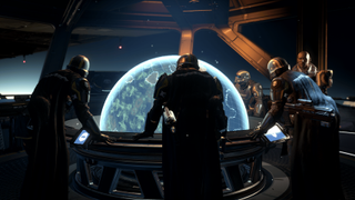 A group of Helldivers plan their next mission around a hologram of a planet in Helldivers 2.