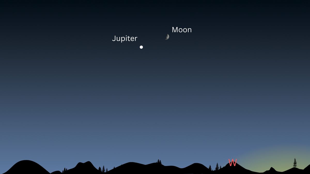 夜空圖顯示月亮漂浮在天空中,木星在左側。兩者都在西方地平線上閃閃發光。