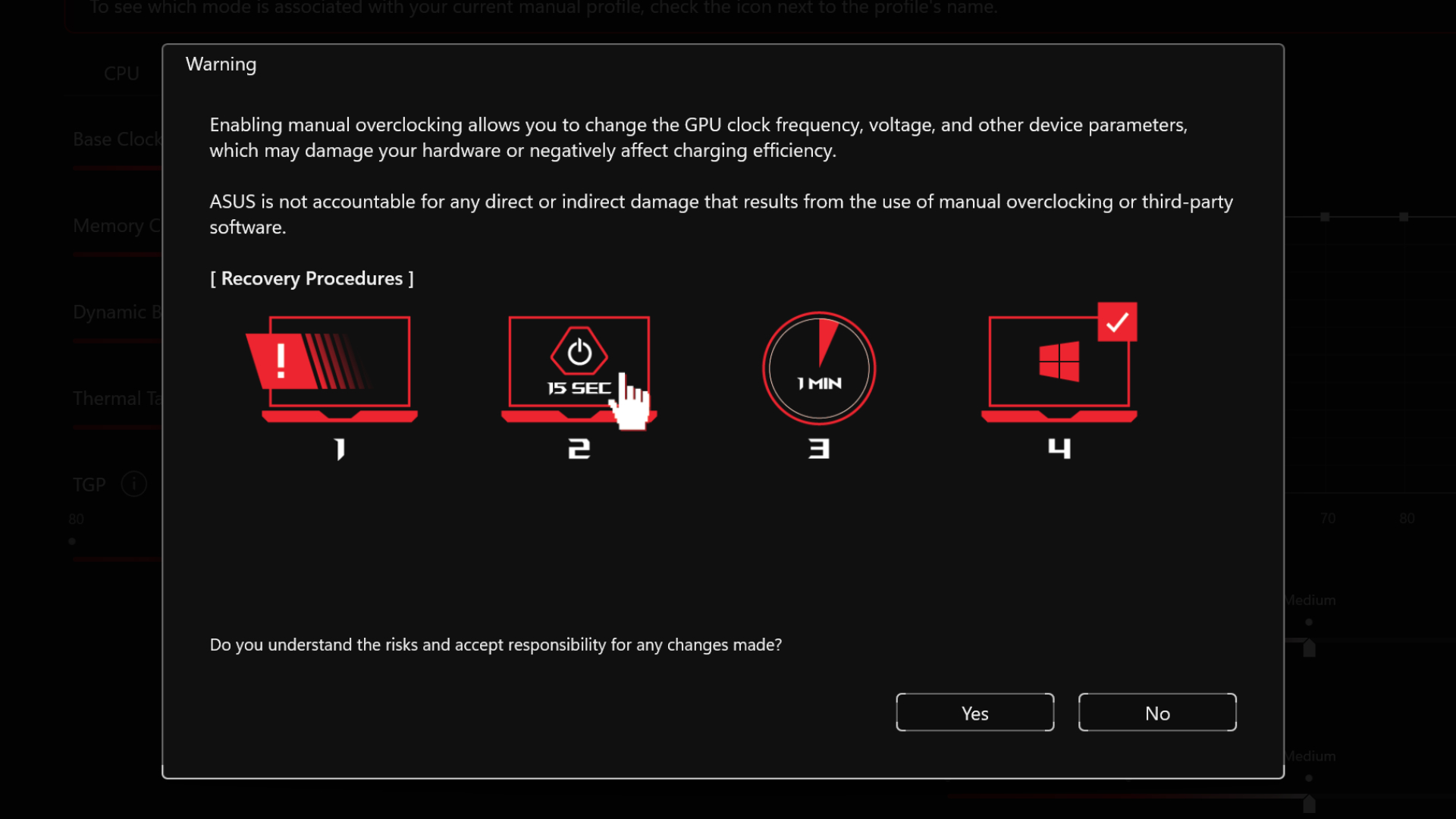 An overclocking warning from the Asus Armoury Crate software