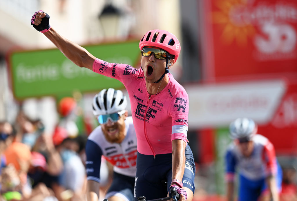 MONFORTE DE LEMOS SPAIN SEPTEMBER 03 Magnus Cort Nielsen of Denmark and Team EF Education Nippo celebrates winning during the 76th Tour of Spain 2021 Stage 19 a 1912 km stage from Tapia to Monforte de Lemos lavuelta LaVuelta21 on September 03 2021 in Monforte de Lemos Spain Photo by Stuart FranklinGetty Images