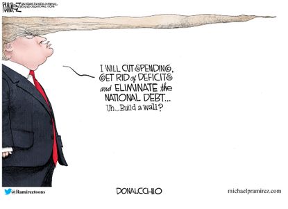 Political Cartoon U.S. Trump Pinocchio Hair Campaign Promises Deficit Spending Wall