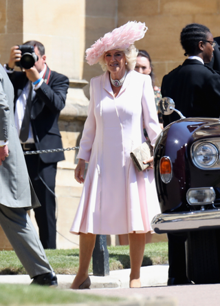 Camilla Duchess of Cornwall arrives at the wedding of Prince Harry to Ms Meghan Markle at St George's Chapel, Windsor Castle on May 19, 2018 in Windsor, England