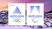 An image showing the side-by-side official emblems for the Alpes 2030 Olympic and Paralympic Winter Games, featuring stylized geometric gradients of blue, purple, and red that evoke a mountain peak and valley rays against a snowy alpine background.