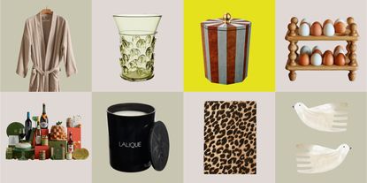 2x4 dusty pink and sage green checkerboard with different homeware product cutouts in each box