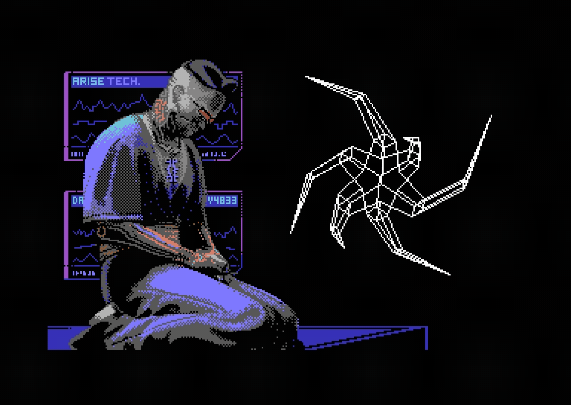 Commodore 77 demo by Arise Tech featuring cyber ninja and spinning shuriken.