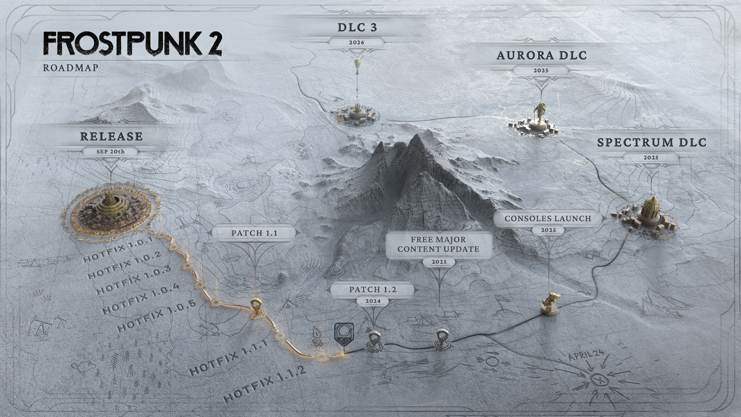 Frostpunk 2 content roadmap for 2025 shows new DLC and a free major update, as well as a mystery announcement on April 24.