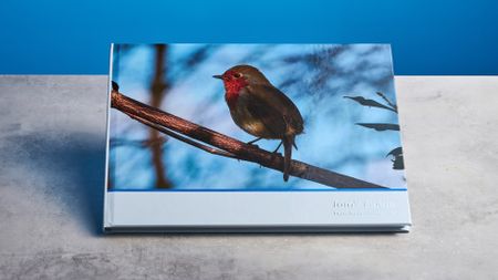 Popsa photo book photographed in front of a blue background